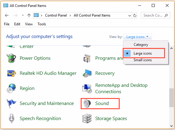 choose the option "Large icons" and "Sound" option