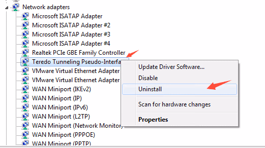 Uninstall the adapters and interfaces related to Teredo Tunneling 