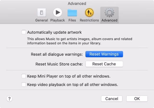 Resetting the warnings in Apple Music and iTunes